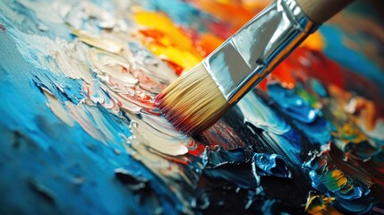 Obraz premium Close-up of paintbrush on colorful oil paint.