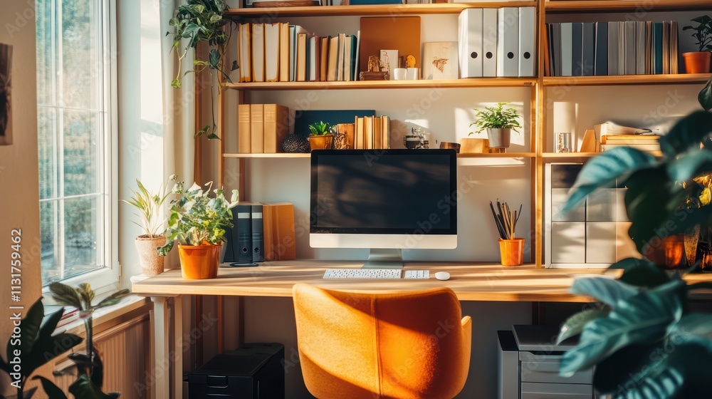 Aufkleber cozy workspace with plants and computer setup