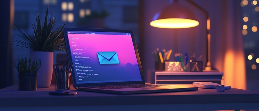 3D laptop on desk with email notifications popping up, forex charts in background, evening setting, modern home office, glowing digital elements