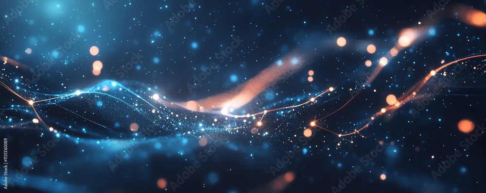 Poster abstract digital network connections with glowing lines and dots, dark blue background, 3d rendering