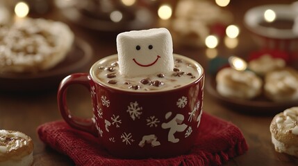 Fototapeta premium Cute little snowman made from marshmallows bathing in a mug with hot chocolate
