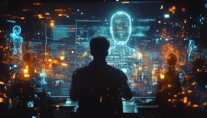 AI collaboration and teamwork concept, glowing digital interfaces, diverse team of professionals working together, modern office, futuristic technology