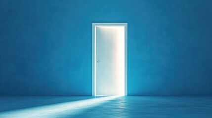 A door is slightly ajar on the right side of an empty blue wall, with light shining through it