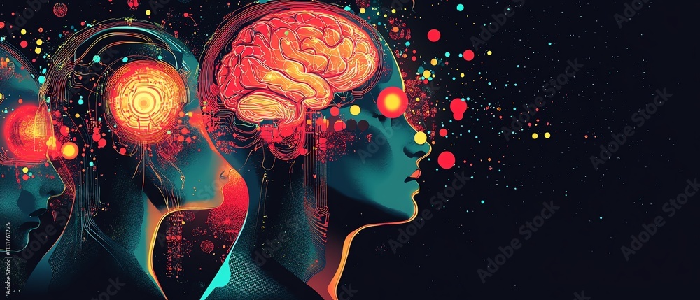 Poster futuristic teamwork and ai integration, glowing neural networks, diverse professionals collaborating