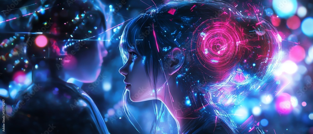 Poster futuristic teamwork and ai integration, glowing neural networks, diverse professionals collaborating