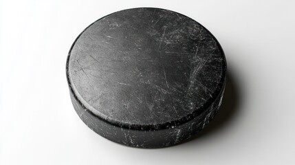 Well-worn black hockey puck on white background.