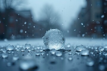 Large icy hailstone falling onto flat surface, glistening with water droplets, against a stormy sky backdrop. Natural beauty of perfectly round hailstone in motion.