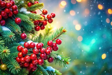 Festive Christmas Tree Decoration: Red Berries & Green Branches Winter Holiday Celebration