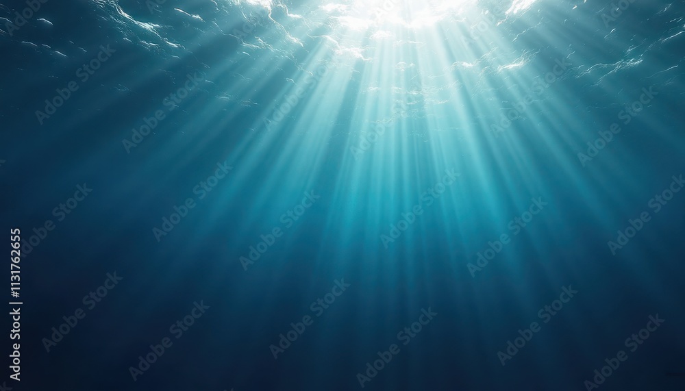 Aufkleber Sunlight beams penetrate deep ocean water. Light rays create patterns in deep blue. Underwater scene evokes peace, serenity. Ocean depths reveal fascinating beauty. Stunning water colors dramatic.