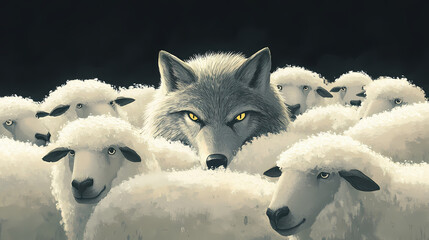 A cunning wolf hides among oblivious sheep, capturing the idea of hidden agendas and strategy, ideal for business or storytelling visuals about trust and deceit. Oblivious. Illustration