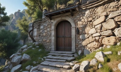 Chapel perched on a rocky outcropping in the Tuscan Alps, with a wooden door and iron hinges , Alpine Landscape, Tuscany