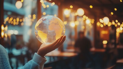 Fototapeta premium A hand gently cradles a glowing glass earth globe