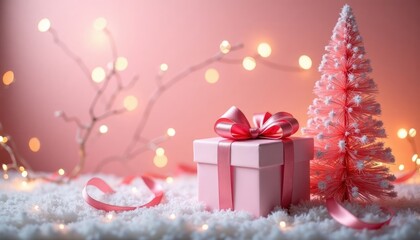 Pink gift box with delicate ribbon bow sits next to small pink Christmas tree on bed of faux snow. Festive lights, branches create soft glowing background. Soft pink hues dominate scene. Perfect