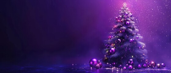 Christmas tree with ornaments, baubles and lights. Violet purple holidays background