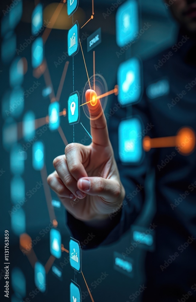Aufkleber person interacts with digital interface. hand touches app icons, network connections. dark tech envi