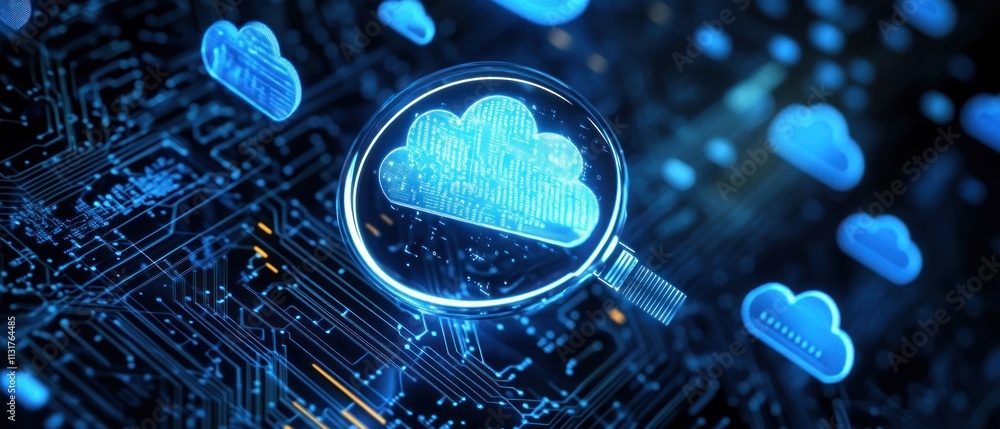 Poster magnifying glass over a cloud computing circuit board.