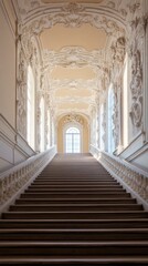 Fototapeta premium Elegant staircase with ornate details and natural light illuminating the space.