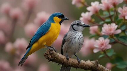 Obraz premium Two vibrant birds perched on a branch amidst blooming flowers.