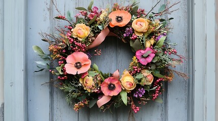 A charming photo of a handmade wreath decorated with seasonal flowers and a customized ribbon, hanging on a front door 