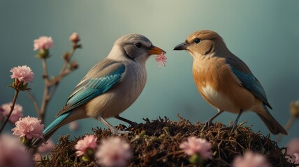 Fototapeta premium Two birds sharing a flower on a nest.