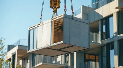 Crane lifts prefabricated concrete module for modern apartment building construction.