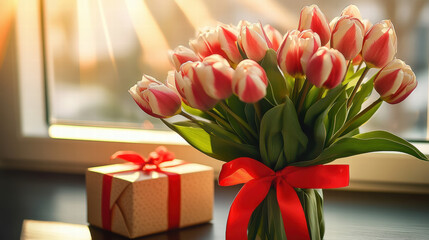 Fototapeta premium A bouquet of tulips in the foreground, wrapped with red ribbon, and a gift box on the table next to it near the window with sun rays