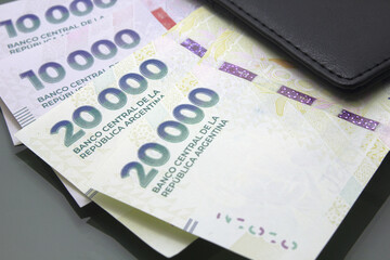 Argentine Money, Currency of Argentine, Pesos argentinos, various bills inside a wallet, close-up...