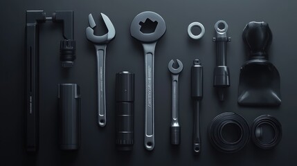 Assortment of tools and equipment arranged on a dark surface.