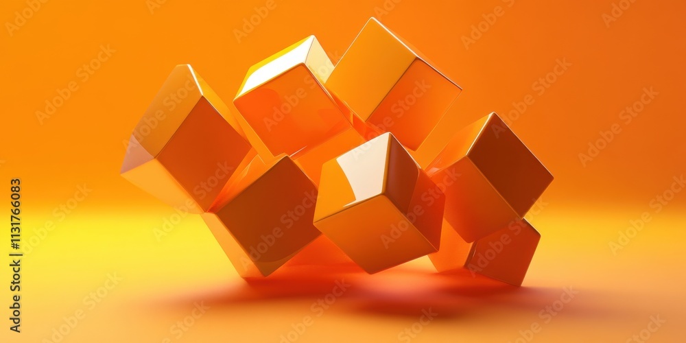 Poster abstract orange cubes composition: a vibrant 3d render of interlocking geometric shapes on an orange