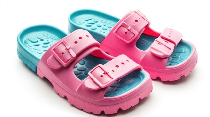 Children's rubber sandals in pink and blue, fun style, isolated 