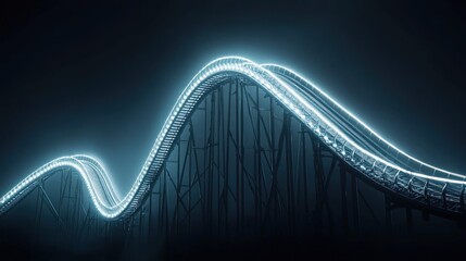 Glowing roller coaster track at night.