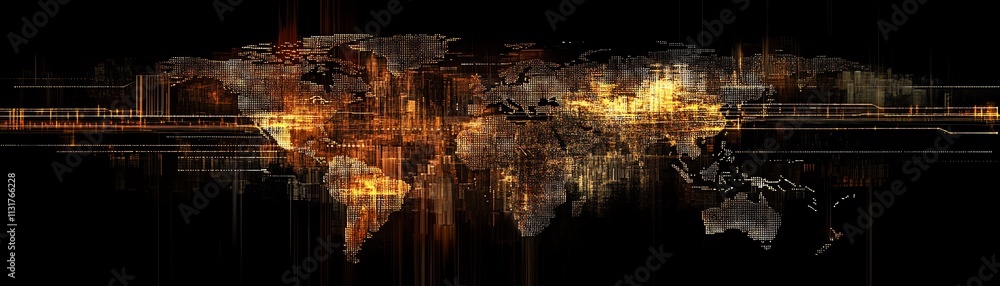 Poster 3d rendering of a telecommunication world map concept with digital dots and lines on a pixelated wor