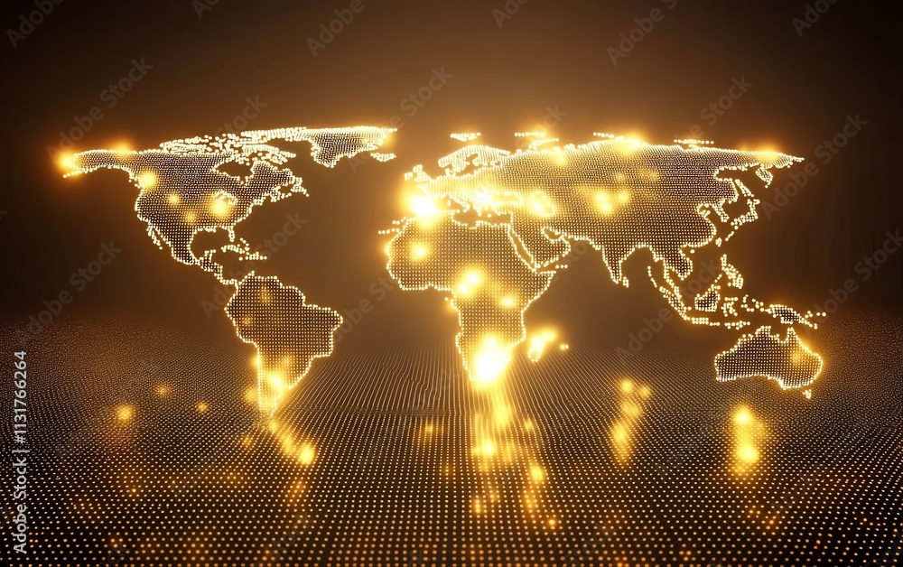 Poster 3d rendering of a telecommunication world map concept with digital dots and lines on a pixelated wor