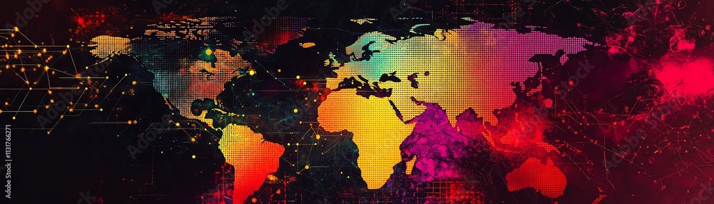 Poster 3d rendering of a telecommunication world map concept with digital dots and lines on a pixelated wor