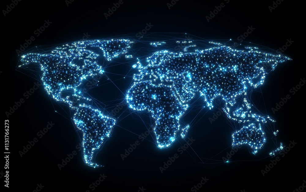 Poster 3d rendering of a telecommunication world map concept with digital dots and lines on a pixelated wor