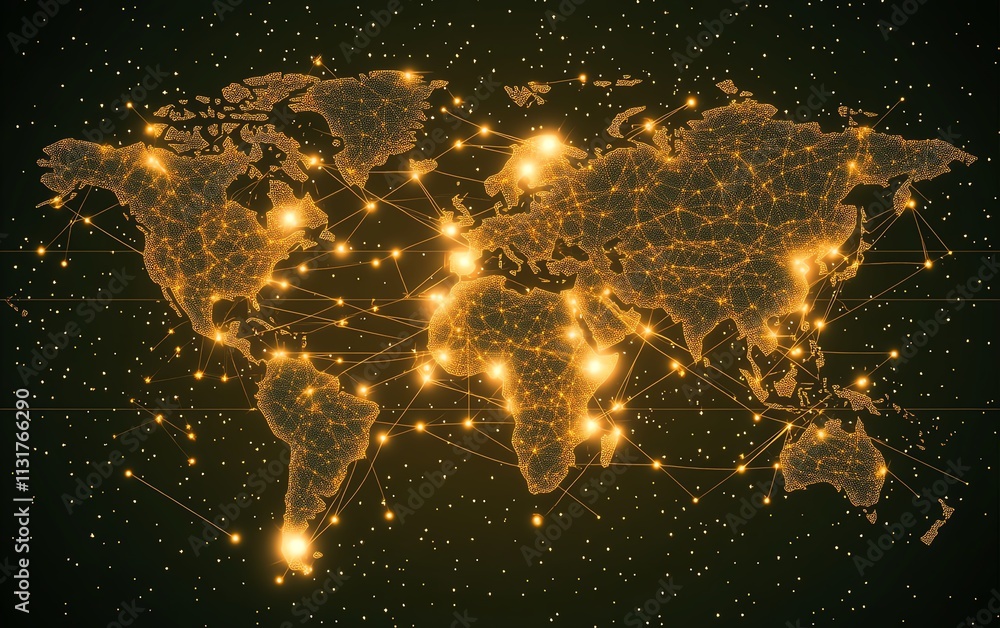 Poster 3d rendering of a telecommunication world map concept with digital dots and lines on a pixelated wor