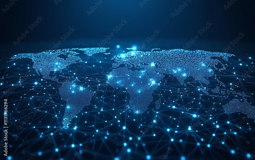 Poster 3d rendering of a telecommunication world map concept with digital dots and lines on a pixelated wor