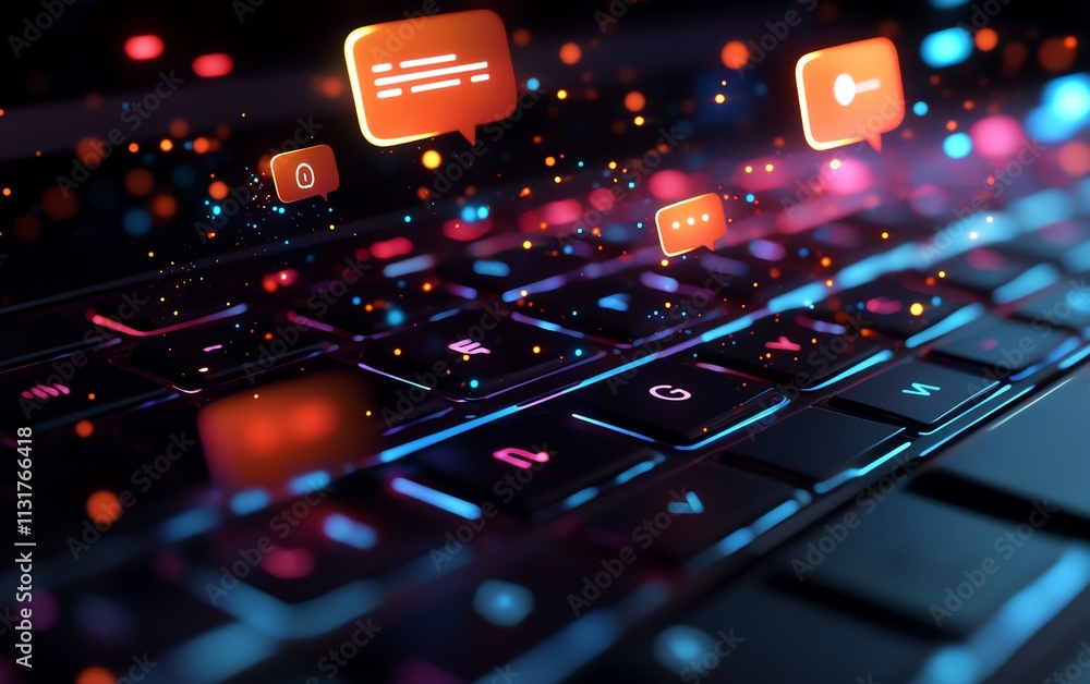 Poster 3d rendering of a laptop keyboard with floating speech bubbles and glowing network connections, repr