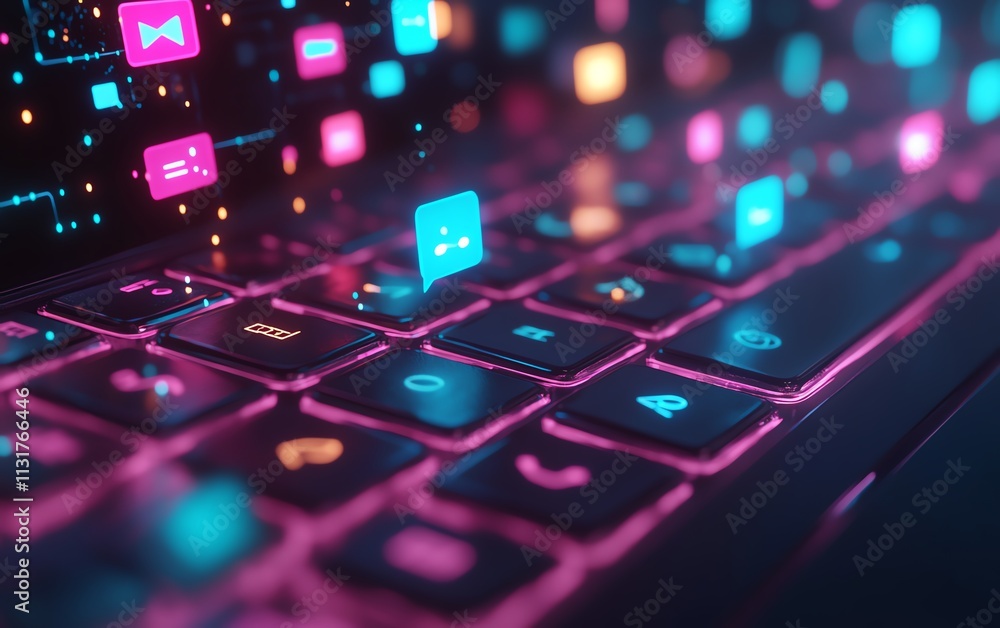 Poster 3d rendering of a laptop keyboard with floating speech bubbles and glowing network connections, repr