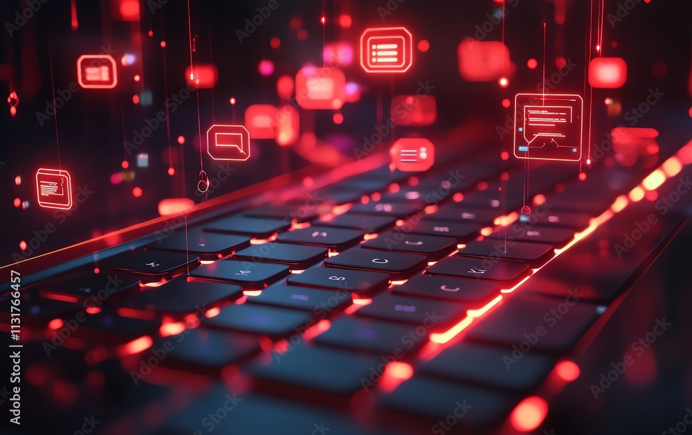 Poster 3d rendering of a laptop keyboard with floating speech bubbles and glowing network connections, repr