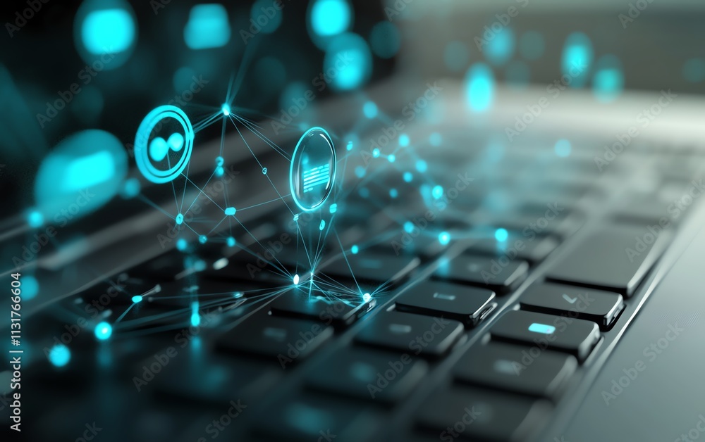 Poster 3d rendering of speech bubbles and connection network over a laptop keyboard, symbolizing online com