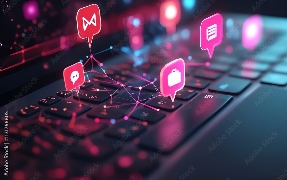 Poster 3d rendering of speech bubbles and connection network over a laptop keyboard, symbolizing online com