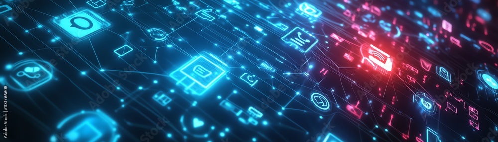 Poster 3d rendering of interconnected digital graphic user symbols on abstract dark blue background, repres