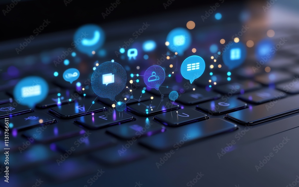 Poster 3d rendering of speech bubbles and connection network over a laptop keyboard, symbolizing online com