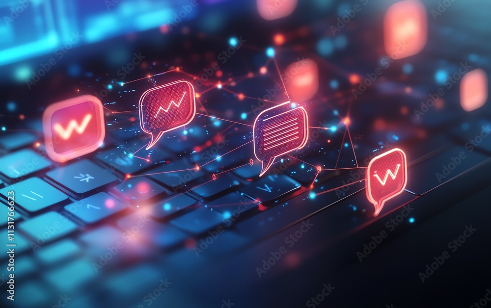 Poster 3d rendering of speech bubbles and connection network over a laptop keyboard, symbolizing online com