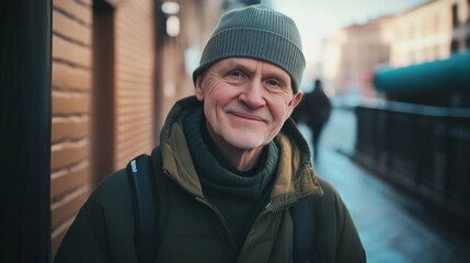 Man wearing a green jacket and a hat is smiling
