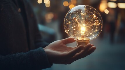 Fototapeta premium Person holding illuminated globe lightbulb network