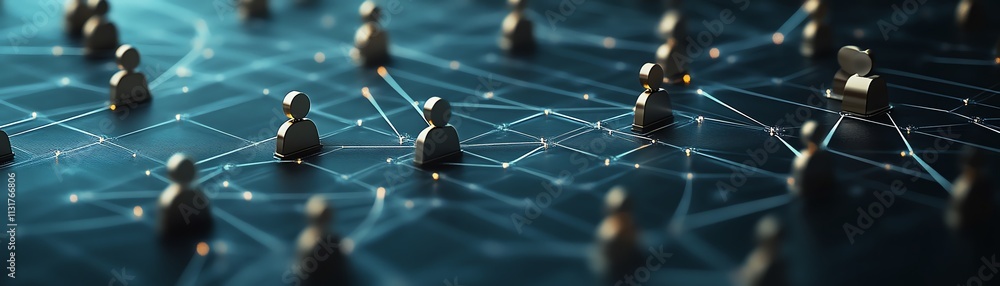 Poster 3d visualization of interconnected user icons with lines and digital connections on a dark blue back