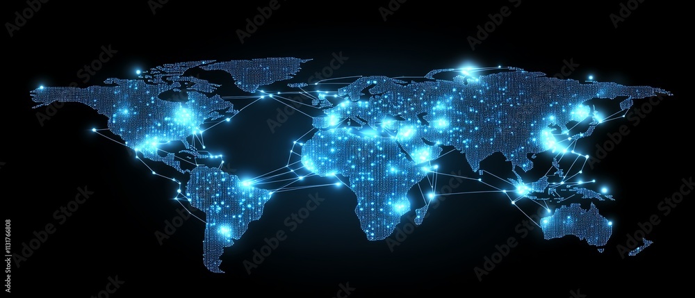 Poster 3d telecommunication world map concept with glowing digital dots and network lines on a pixelated ma