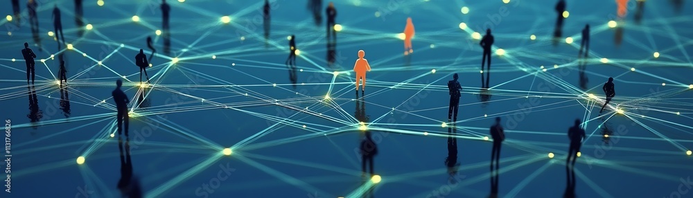 Poster 3d visualization of interconnected user icons with lines and digital connections on a dark blue back